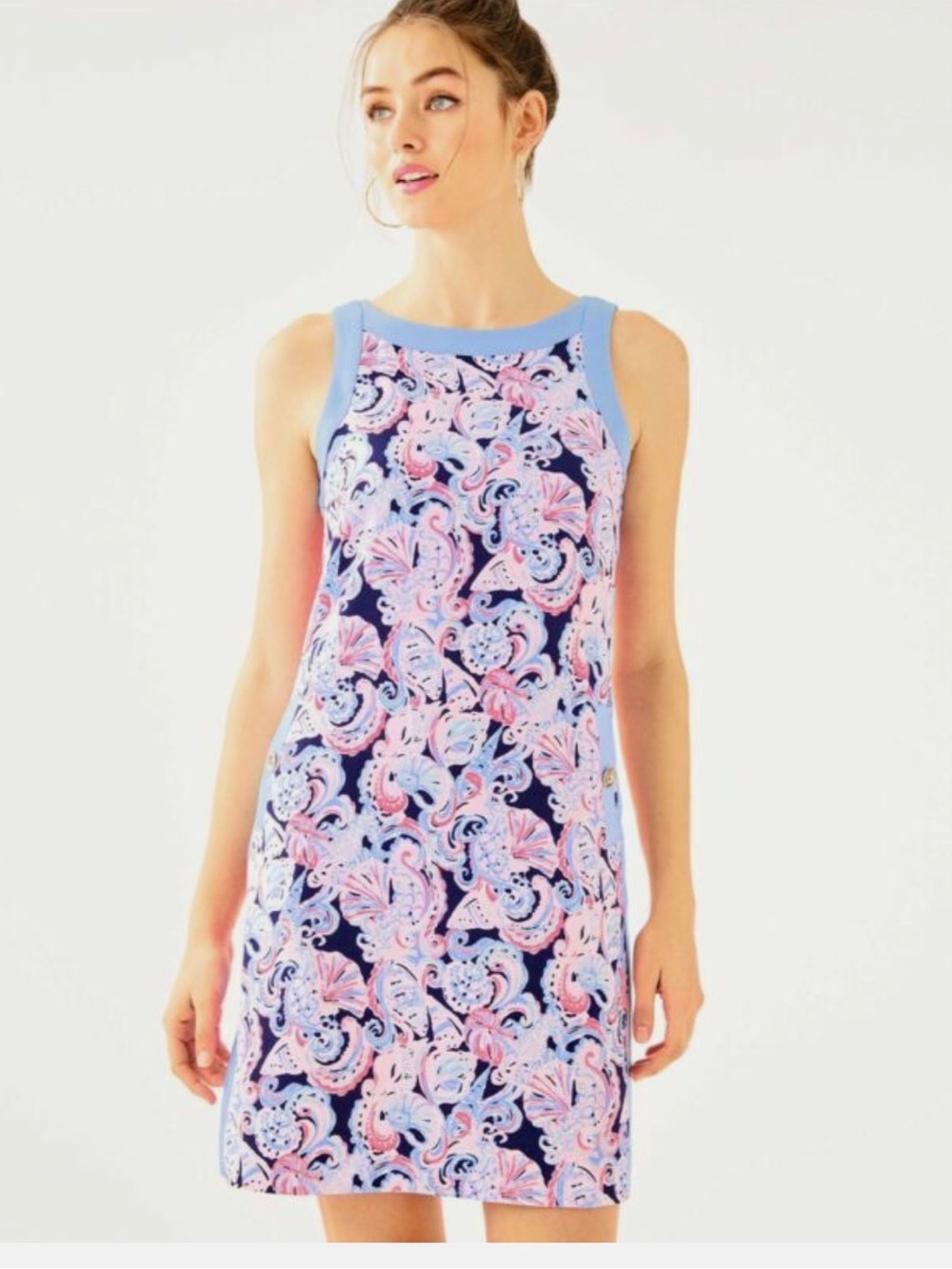 Lilly Pulitzer Angie Stretch Shift Dress Blue Pink Shell Print Size 4